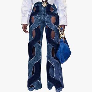 Hollow Out Cable Twist Cutout Flare Jeans Trousers